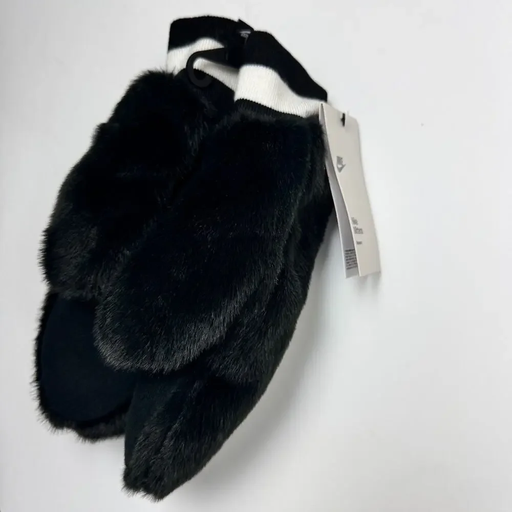 Nike Women's Cold Weather Winter Logo Black & White Faux Fur Mittens  Sz XS